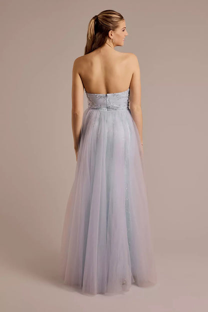 Sweetheart Neck Sky Blue Beaded Evening Dresses with Tulle Overlay and Floor-Length Skirt