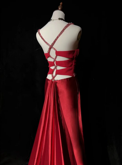 Sweetheart Neckline Beaded Satin Mermaid Prom Dress with Crisscross Lace-Up Back and Train