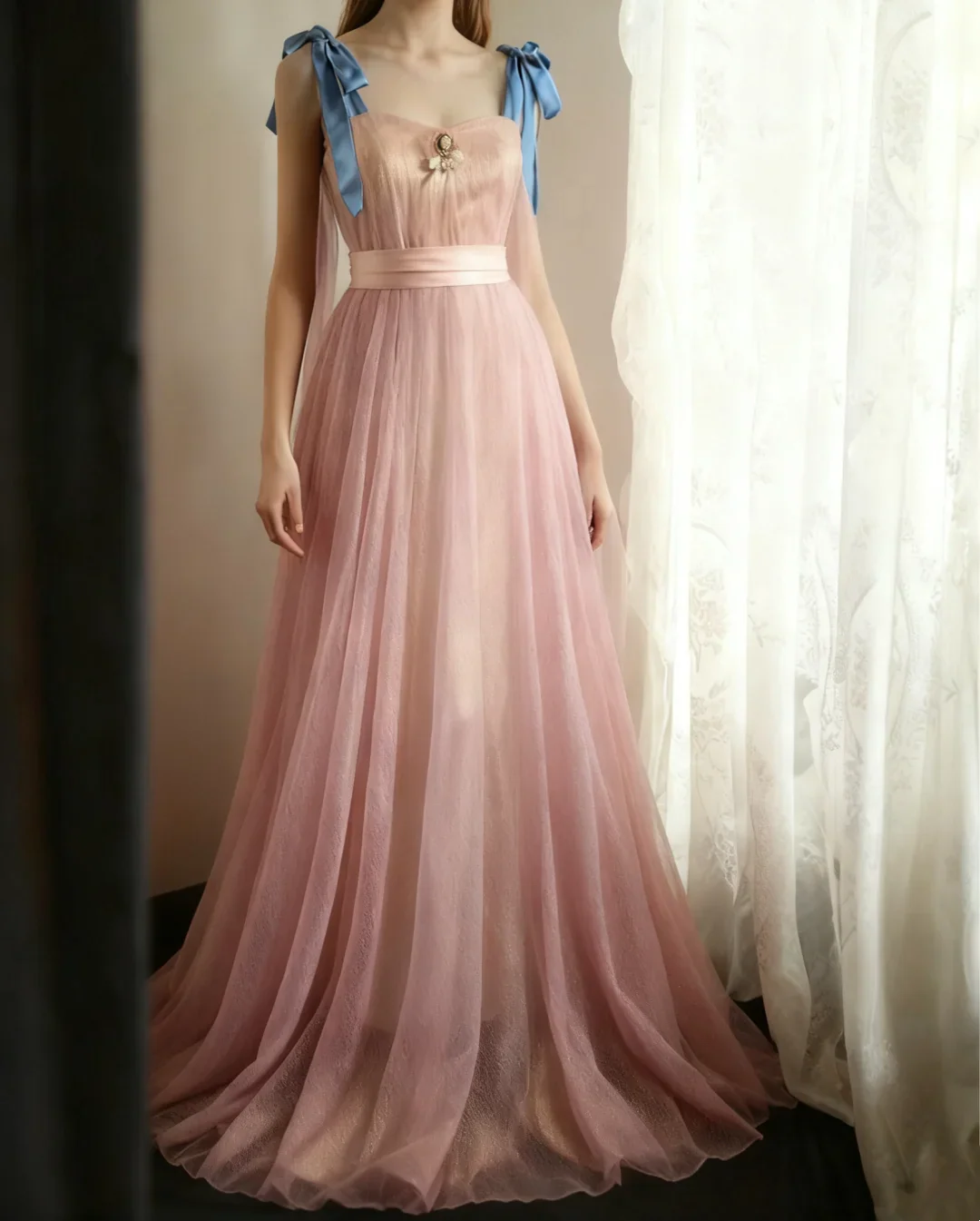 Sweetheart Neckline Tulle Prom Dress with Blue Bow Straps, Satin Waist Sash and Sheer Back Train