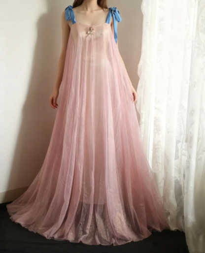 Sweetheart Neckline Tulle Prom Dress with Blue Bow Straps, Satin Waist Sash and Sheer Back Train