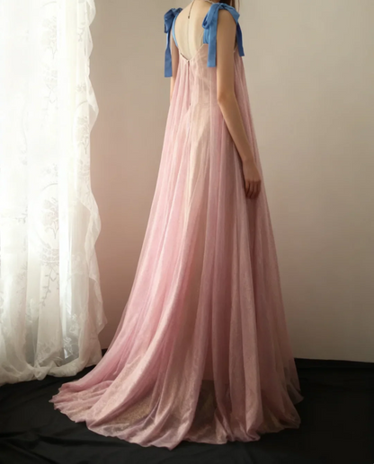 Sweetheart Neckline Tulle Prom Dress with Blue Bow Straps, Satin Waist Sash and Sheer Back Train