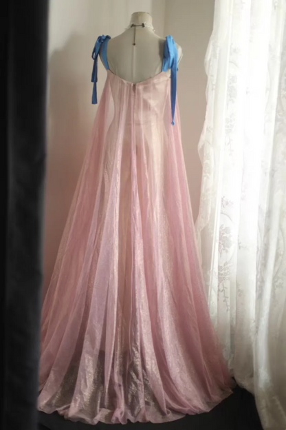 Sweetheart Neckline Tulle Prom Dress with Blue Bow Straps, Satin Waist Sash and Sheer Back Train