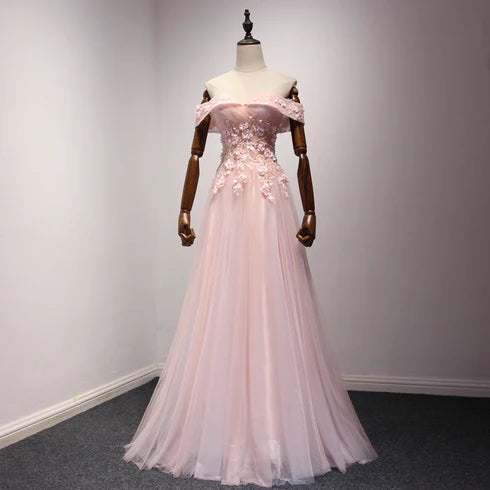 Pink Off Shoulder Handmade Formal Dress Long Prom Dresses
