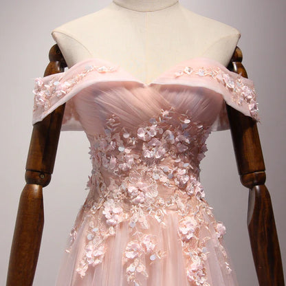 Pink Off Shoulder Handmade Formal Dress Long Prom Dresses