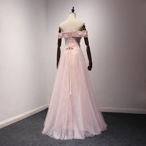 Pink Off Shoulder Handmade Formal Dress Long Prom Dresses
