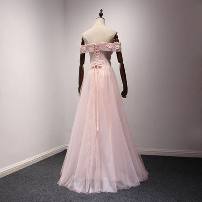 Pink Off Shoulder Handmade Formal Dress Long Prom Dresses