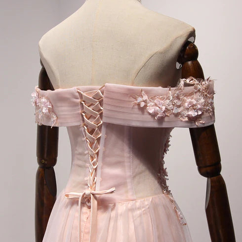 Pink Off Shoulder Handmade Formal Dress Long Prom Dresses