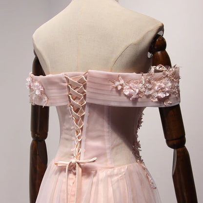 Pink Off Shoulder Handmade Formal Dress Long Prom Dresses