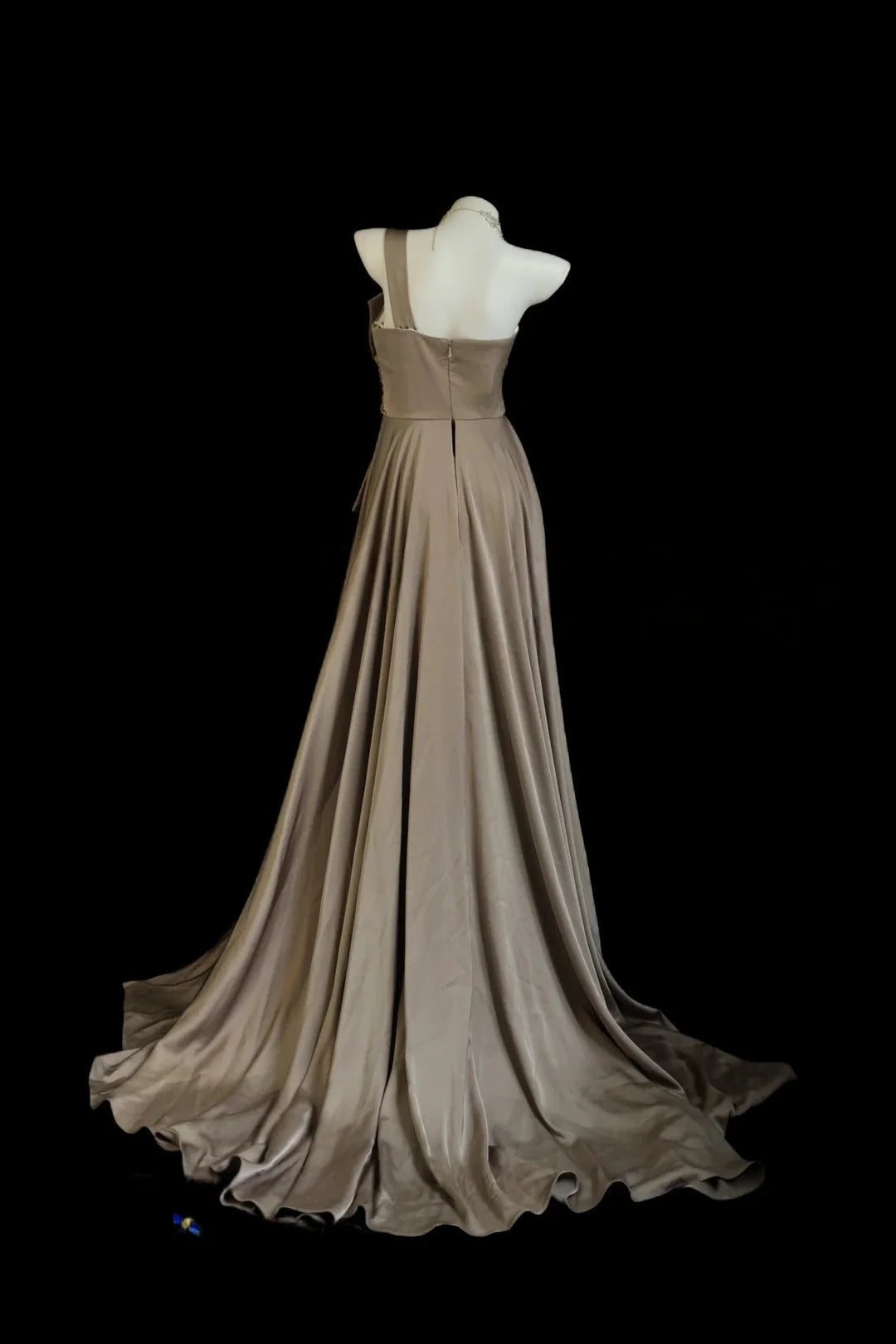 Taupe One Shoulder Prom Dress With Crystal Starburst Embellishment And Satin Drape Formal Prom Dress