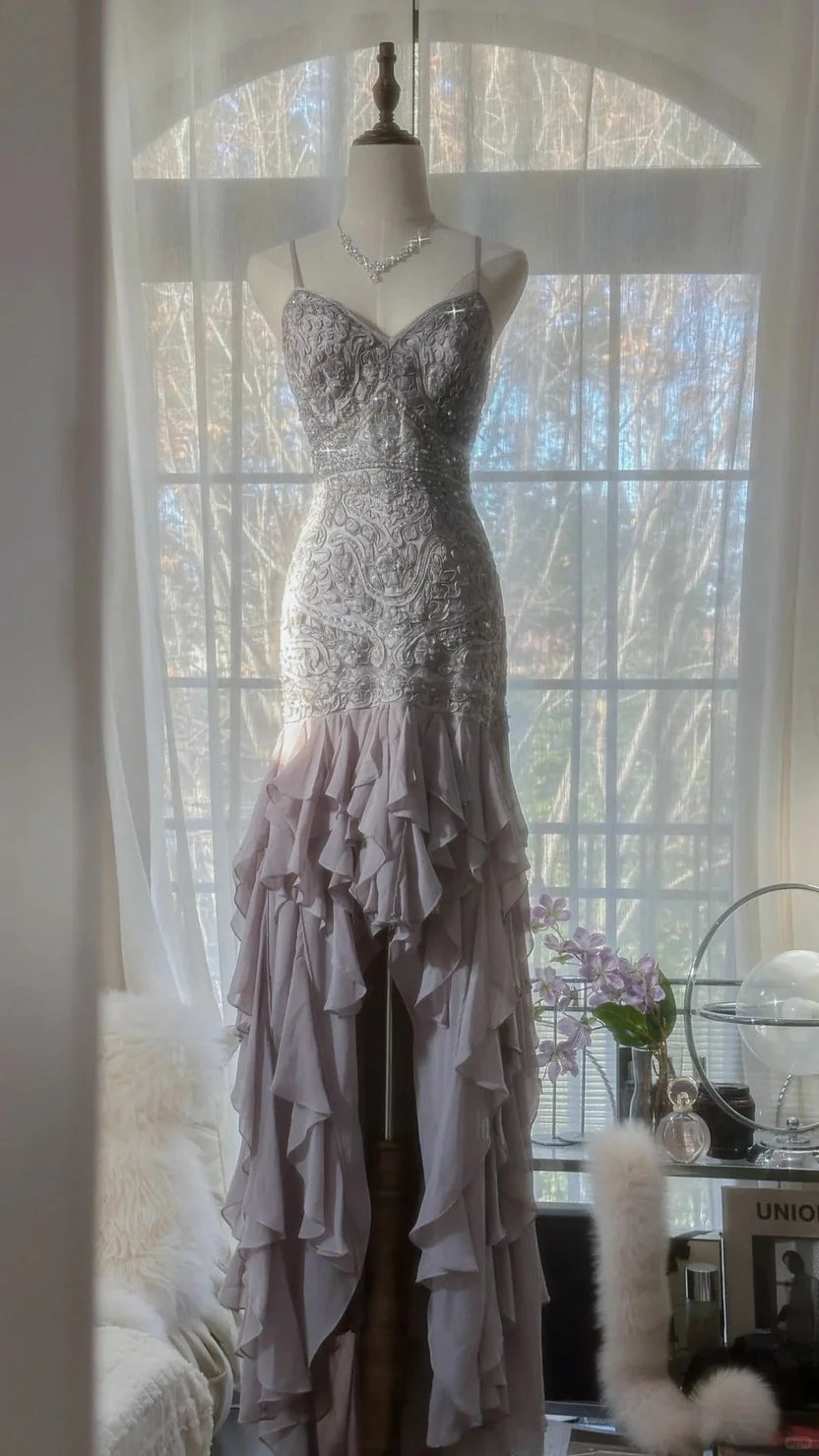 Taupe Spaghetti Strap Prom Dress With Crystal Beaded Lace Bodice Crisscross Back And Cascading Ruffle Chiffon Mermaid Formal Prom Dress