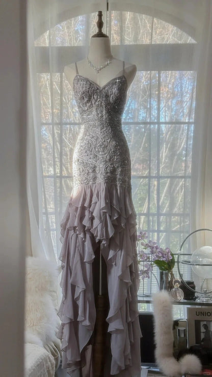 Taupe Spaghetti Strap Prom Dress With Crystal Beaded Lace Bodice Crisscross Back And Cascading Ruffle Chiffon Mermaid Formal Prom Dress