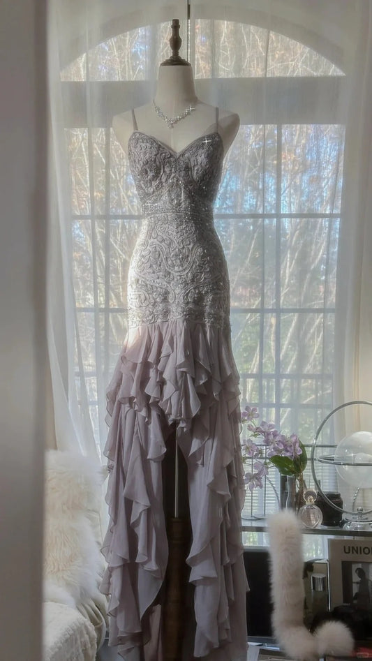 Taupe Spaghetti Strap Prom Dress With Crystal Beaded Lace Bodice Crisscross Back And Cascading Ruffle Chiffon Mermaid Formal Prom Dress