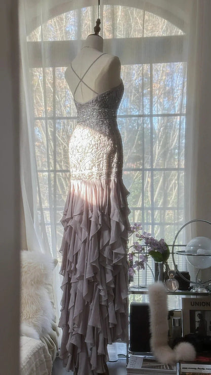 Taupe Spaghetti Strap Prom Dress With Crystal Beaded Lace Bodice Crisscross Back And Cascading Ruffle Chiffon Mermaid Formal Prom Dress