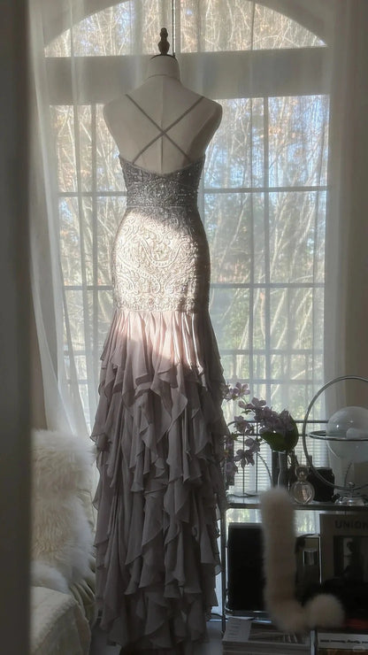 Taupe Spaghetti Strap Prom Dress With Crystal Beaded Lace Bodice Crisscross Back And Cascading Ruffle Chiffon Mermaid Formal Prom Dress