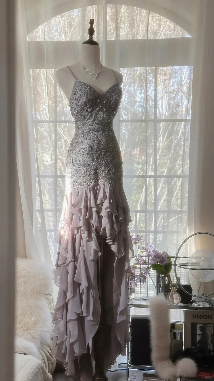 Taupe Spaghetti Strap Prom Dress With Crystal Beaded Lace Bodice Crisscross Back And Cascading Ruffle Chiffon Mermaid Formal Prom Dress