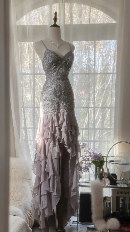 Taupe Spaghetti Strap Prom Dress With Crystal Beaded Lace Bodice Crisscross Back And Cascading Ruffle Chiffon Mermaid Formal Prom Dress