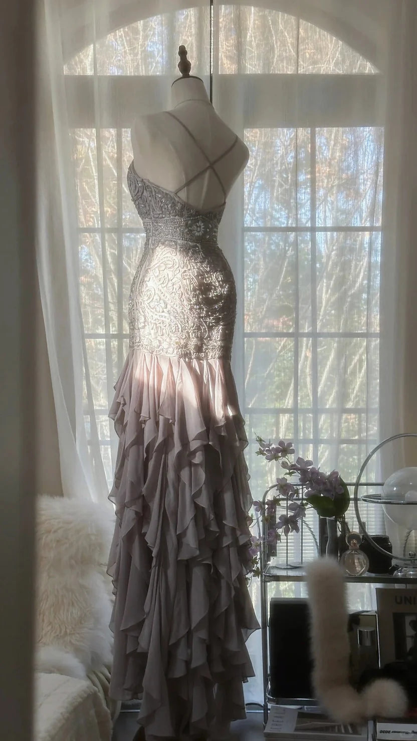 Taupe Spaghetti Strap Prom Dress With Crystal Beaded Lace Bodice Crisscross Back And Cascading Ruffle Chiffon Mermaid Formal Prom Dress