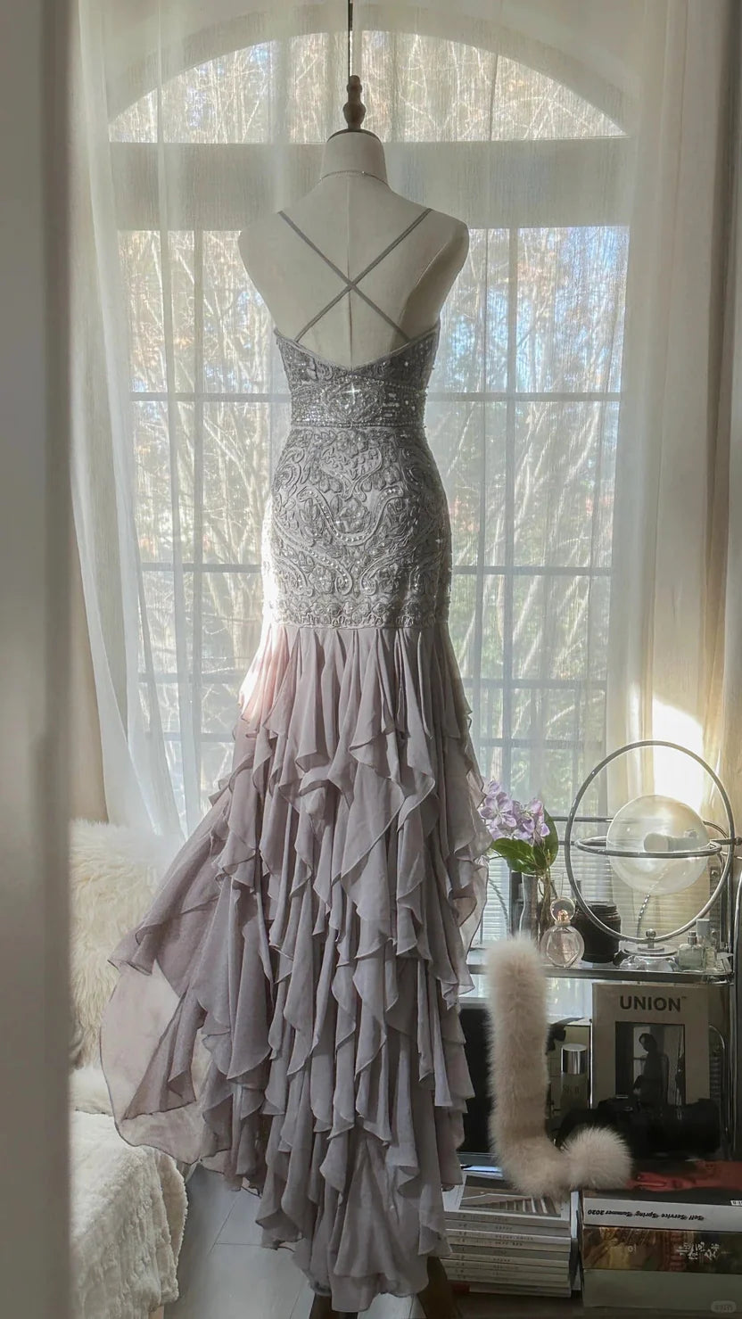 Taupe Spaghetti Strap Prom Dress With Crystal Beaded Lace Bodice Crisscross Back And Cascading Ruffle Chiffon Mermaid Formal Prom Dress