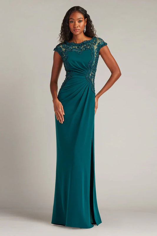 Teal Cap Sleeve Lace Illusion Mermaid Floor Length Formal Evening Prom Dress