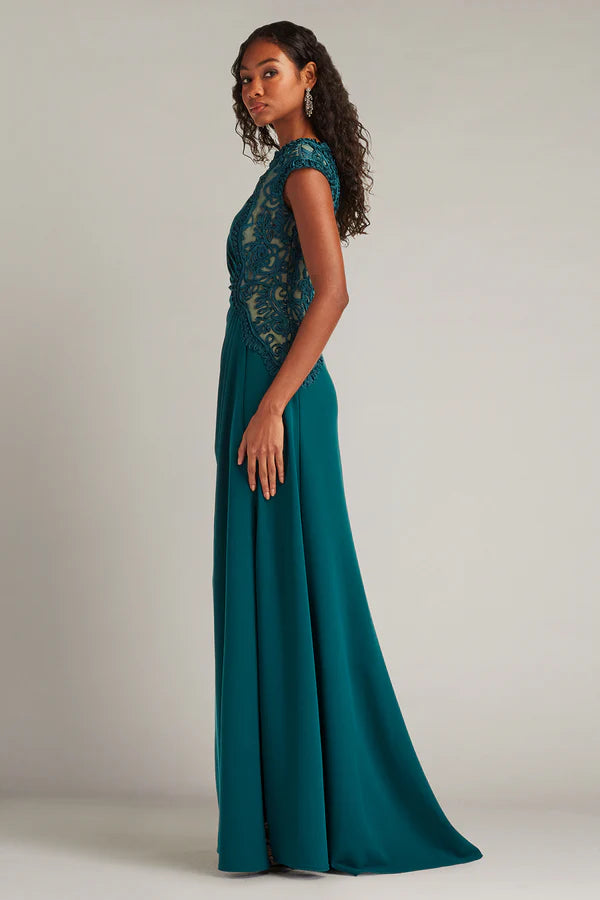 Teal Cap Sleeve Lace Illusion Mermaid Floor Length Formal Evening Prom Dress