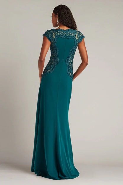 Teal Cap Sleeve Lace Illusion Mermaid Floor Length Formal Evening Prom Dress