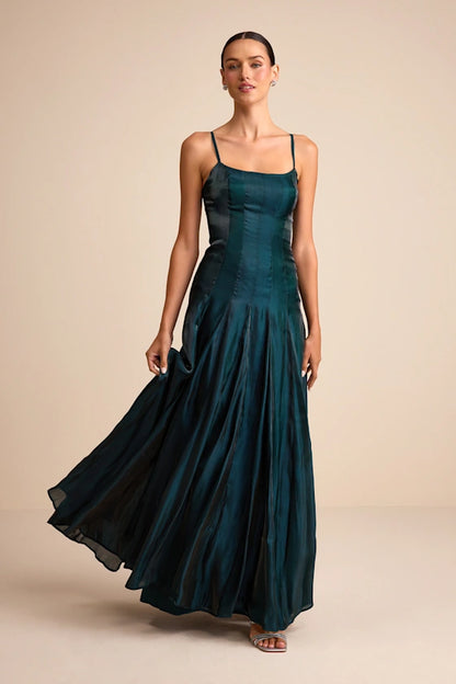 Teal Satin Square Neck Backless Flowy Maxi Prom Dress with Vertical Paneling