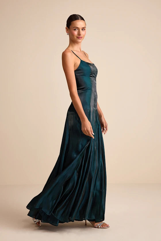 Teal Satin Square Neck Backless Flowy Maxi Prom Dress with Vertical Paneling