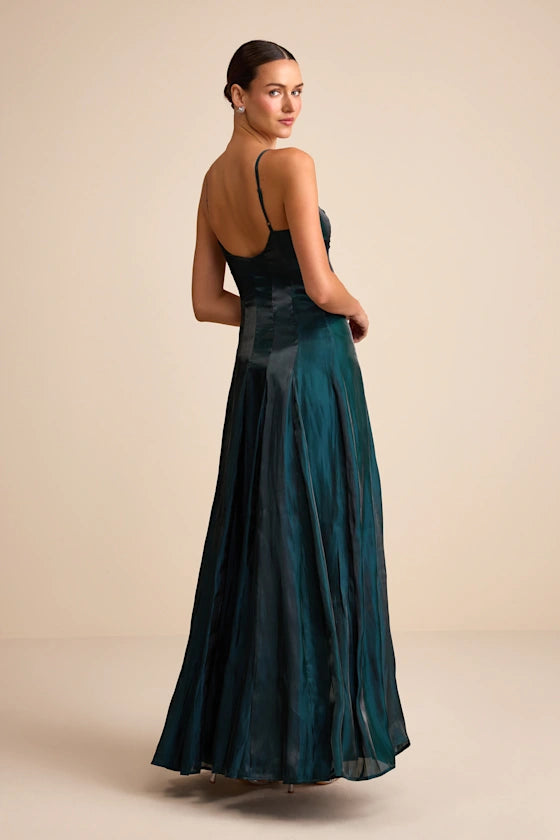 Teal Satin Square Neck Backless Flowy Maxi Prom Dress with Vertical Paneling