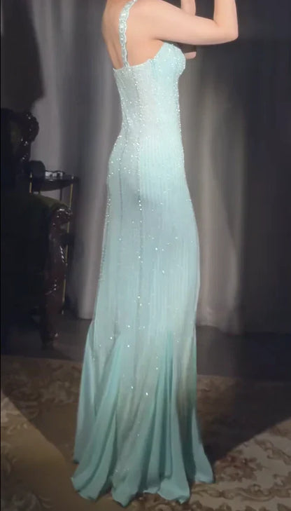 Teal Sequin V-Neck Backless Midi Prom Dress for Party Wedding Formal Events