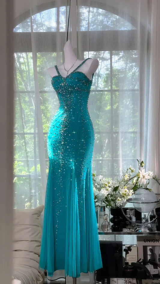 Teal Spaghetti Strap Prom Dress With Beaded Sequin And Tulle Mermaid Formal Prom Dress