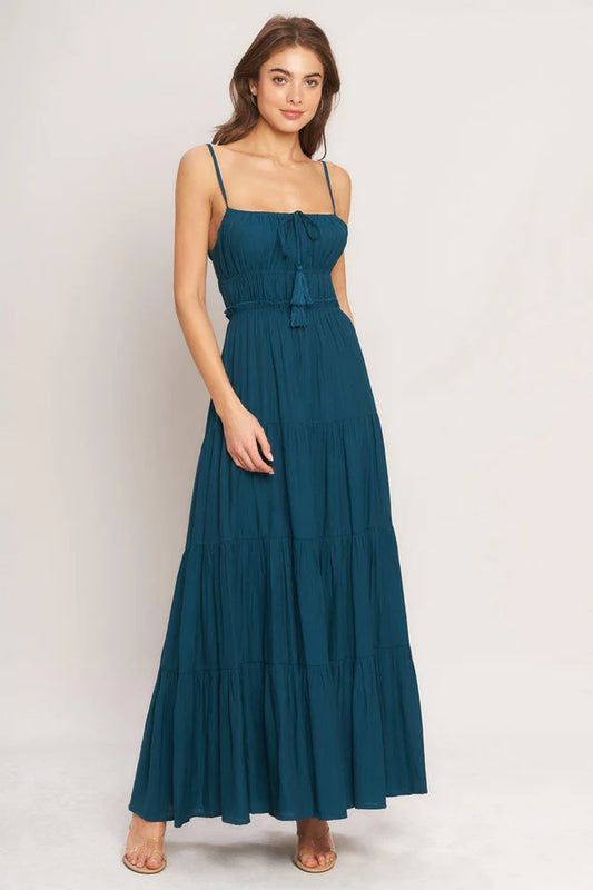 Teal Spaghetti Strap Square Neck Tiered Maxi Dress with Tassel Detail and Open Back Prom Dress
