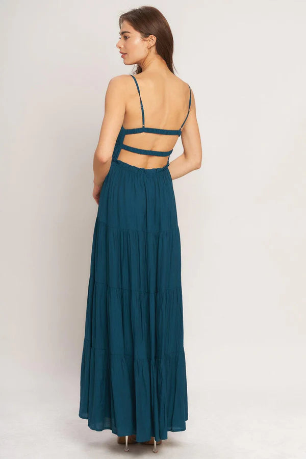 Teal Spaghetti Strap Square Neck Tiered Maxi Dress with Tassel Detail and Open Back Prom Dress