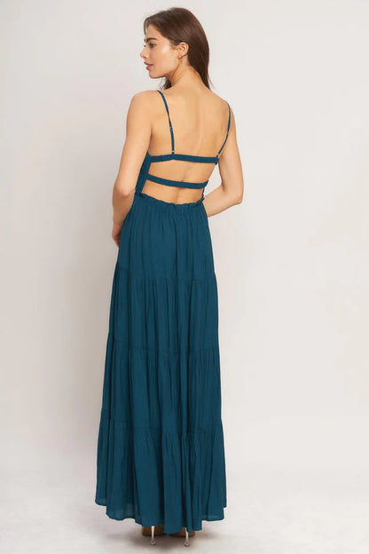 Teal Spaghetti Strap Square Neck Tiered Maxi Dress with Tassel Detail and Open Back Prom Dress