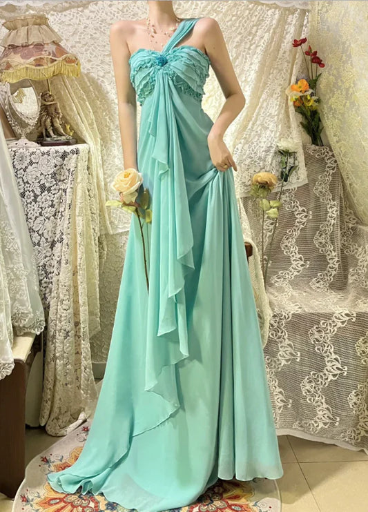 Tiffany Blue One Shoulder Prom Dress With Floral Ruffle Bodice Draped Chiffon Detail And A Line Silhouette Formal Prom Dress