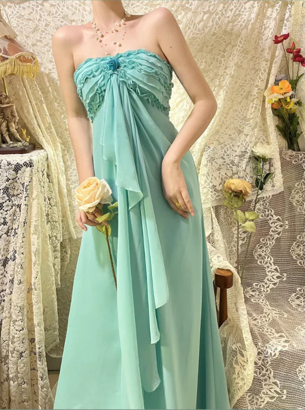 Tiffany Blue One Shoulder Prom Dress With Floral Ruffle Bodice Draped Chiffon Detail And A Line Silhouette Formal Prom Dress