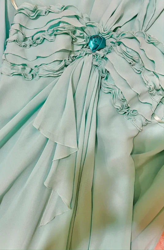 Tiffany Blue One Shoulder Prom Dress With Floral Ruffle Bodice Draped Chiffon Detail And A Line Silhouette Formal Prom Dress