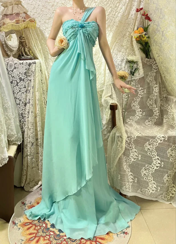 Tiffany Blue One Shoulder Prom Dress With Floral Ruffle Bodice Draped Chiffon Detail And A Line Silhouette Formal Prom Dress