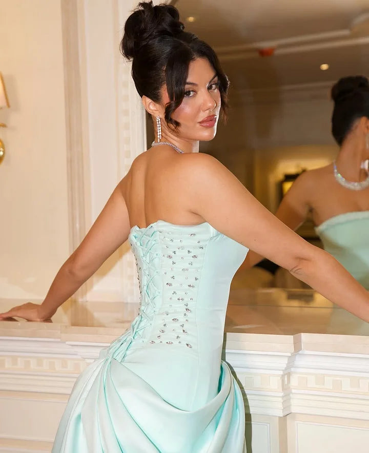 Tiffany Blue Satin Maxi Prom Dresses with Strapless Neckline Ruched Draped Skirt for Prom and Red Carpet