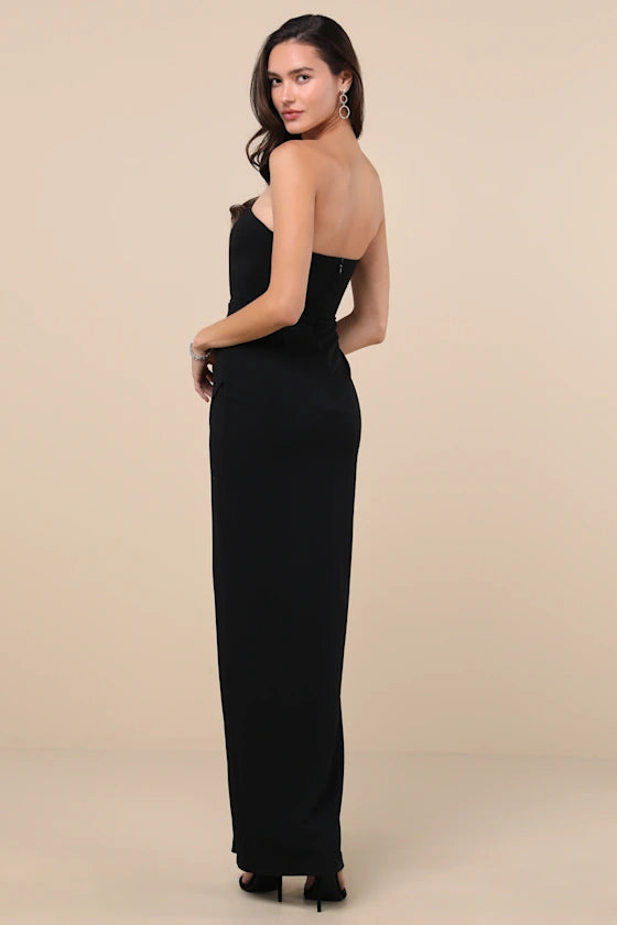 Timeless Black Strapless Maxi Dress with Sweetheart Cutout and High Side Slit, Formal Evening Dresses