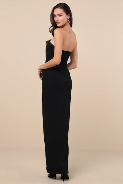 Timeless Black Strapless Maxi Dress with Sweetheart Cutout and High Side Slit, Formal Evening Dresses