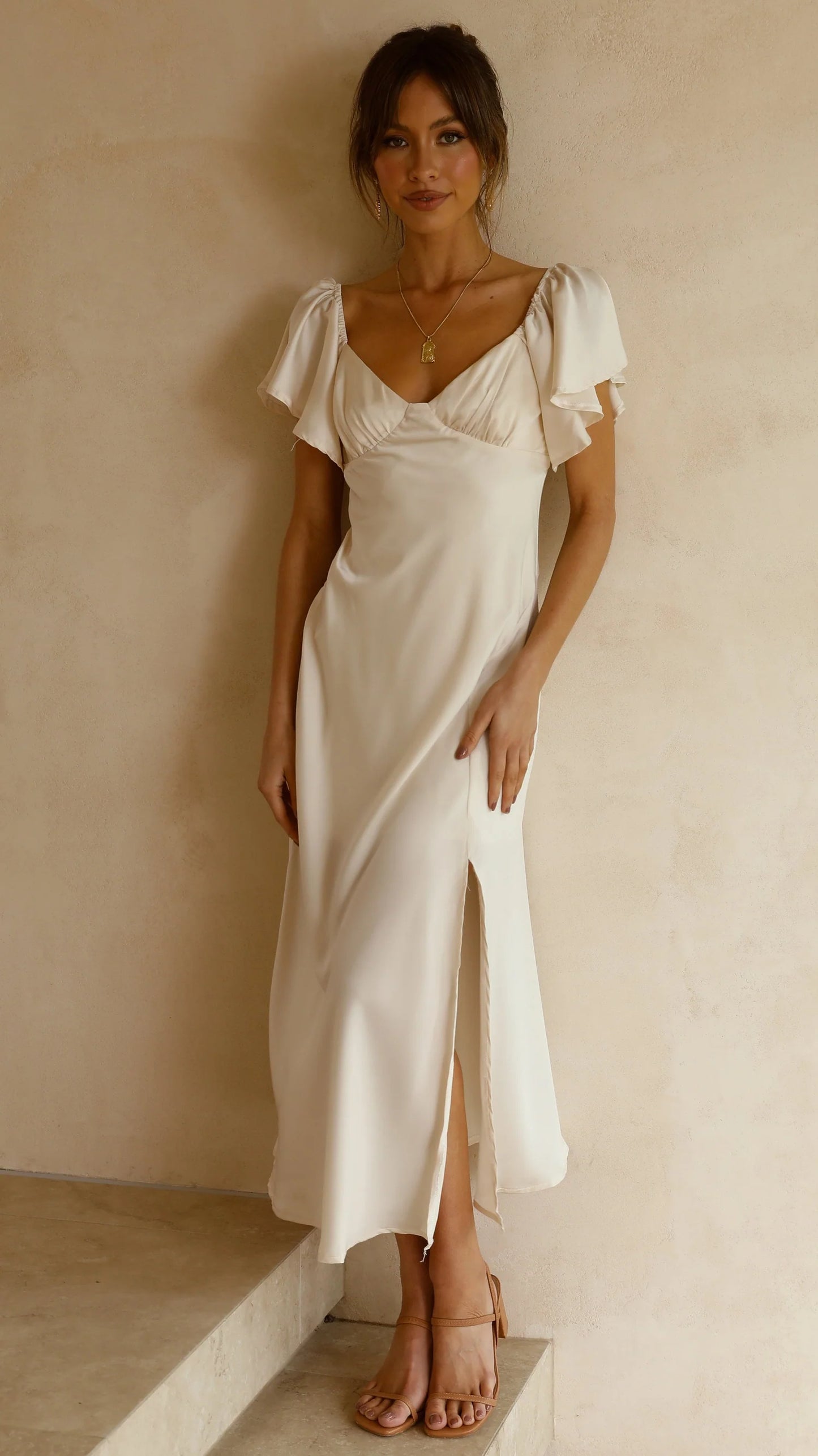Timeless Ruffle Sleeve Satin Midi Wedding Dress with Sweetheart Neckline and Side Slit