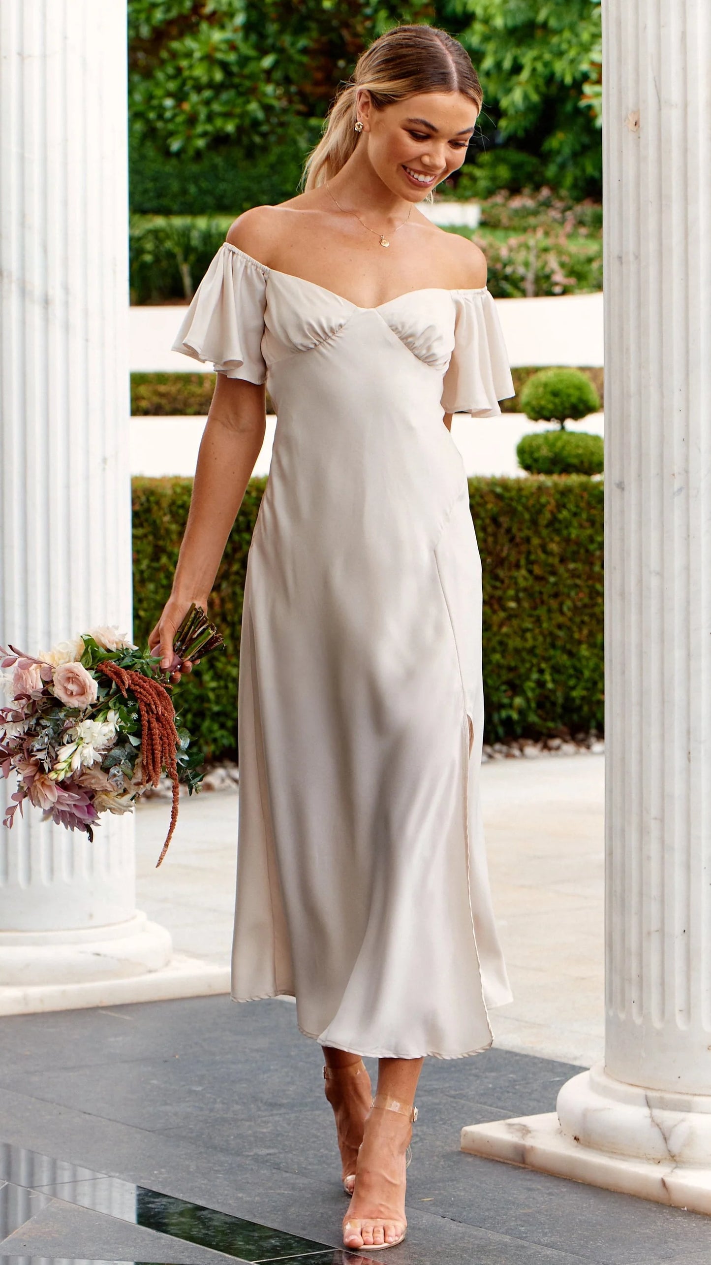 Timeless Ruffle Sleeve Satin Midi Wedding Dress with Sweetheart Neckline and Side Slit