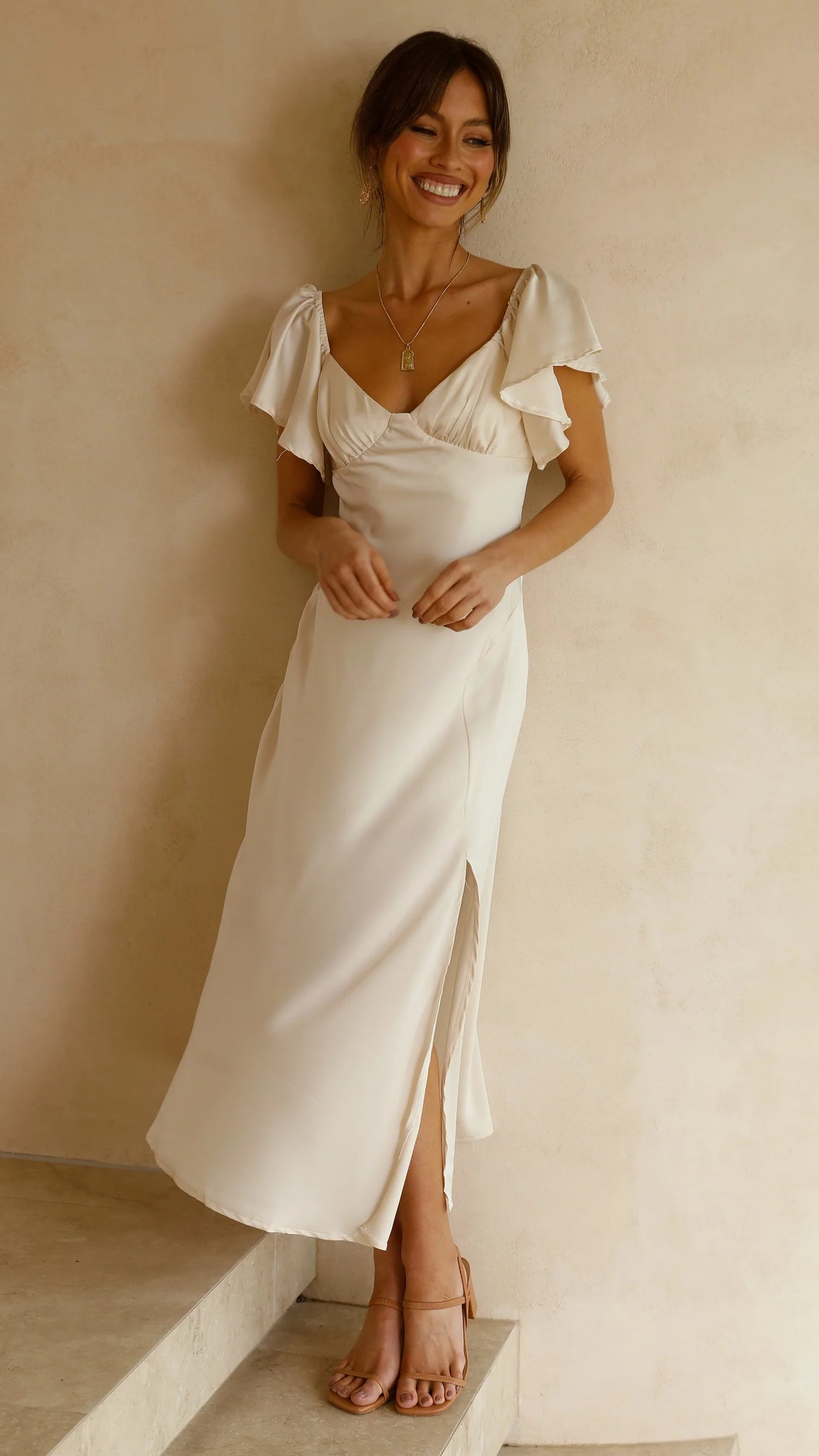 Timeless Ruffle Sleeve Satin Midi Wedding Dress with Sweetheart Neckline and Side Slit