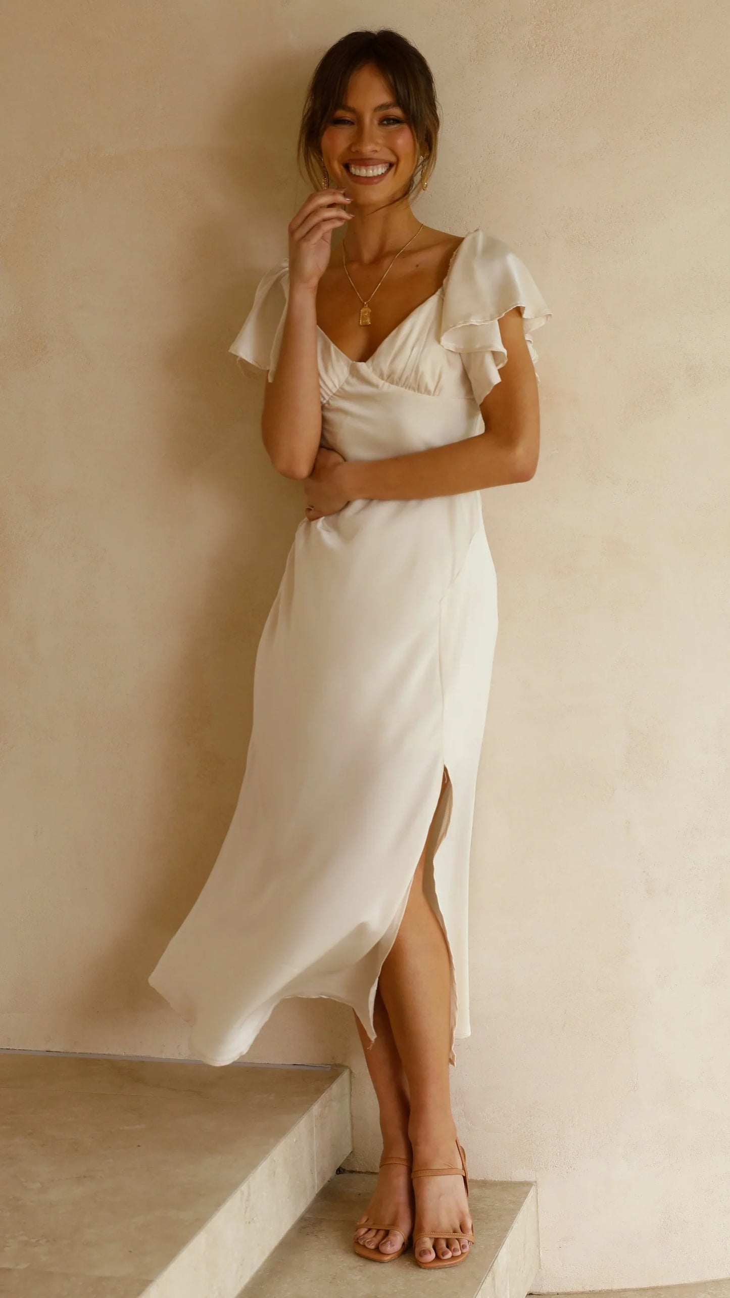 Timeless Ruffle Sleeve Satin Midi Wedding Dress with Sweetheart Neckline and Side Slit