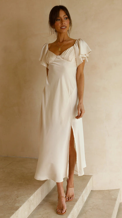 Timeless Ruffle Sleeve Satin Midi Wedding Dress with Sweetheart Neckline and Side Slit