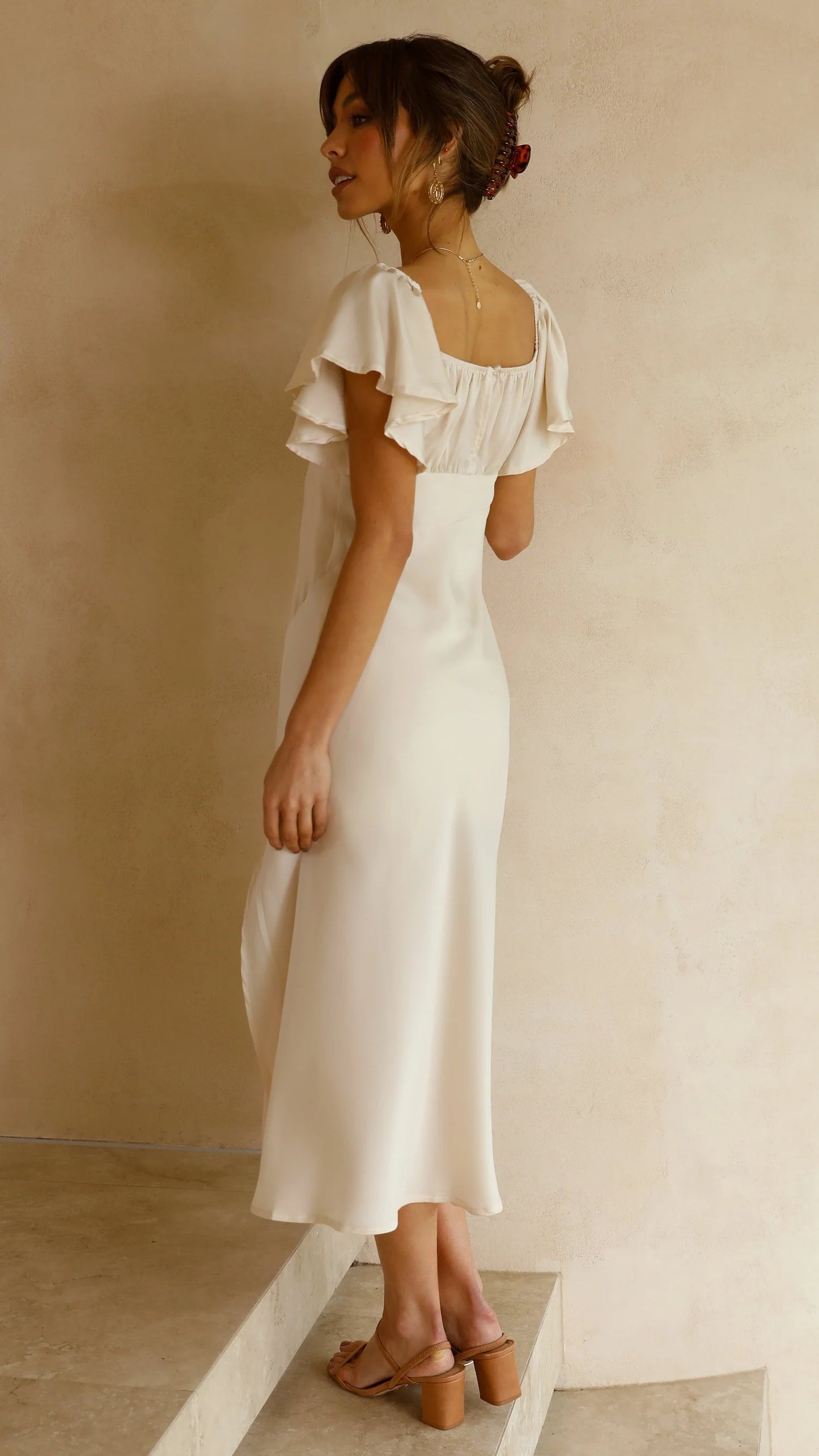Timeless Ruffle Sleeve Satin Midi Wedding Dress with Sweetheart Neckline and Side Slit