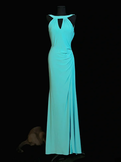 Turquoise Halter Prom Dress With Keyhole Neckline And Lace Cowl Back Jersey Formal Prom Dress