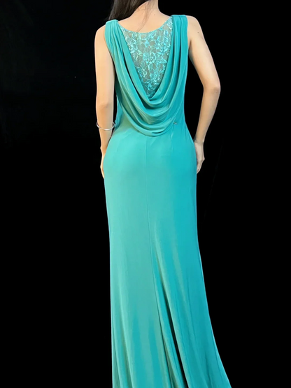 Turquoise Halter Prom Dress With Keyhole Neckline And Lace Cowl Back Jersey Formal Prom Dress
