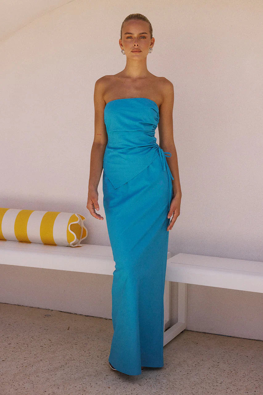 Turquoise Strapless Asymmetrical Drawstring Waist Maxi Prom Dress