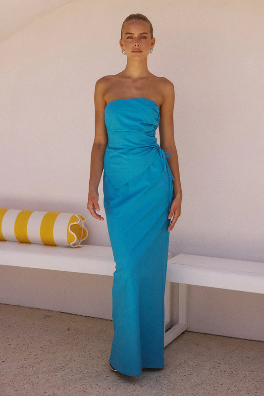 Turquoise Strapless Asymmetrical Drawstring Waist Maxi Prom Dress